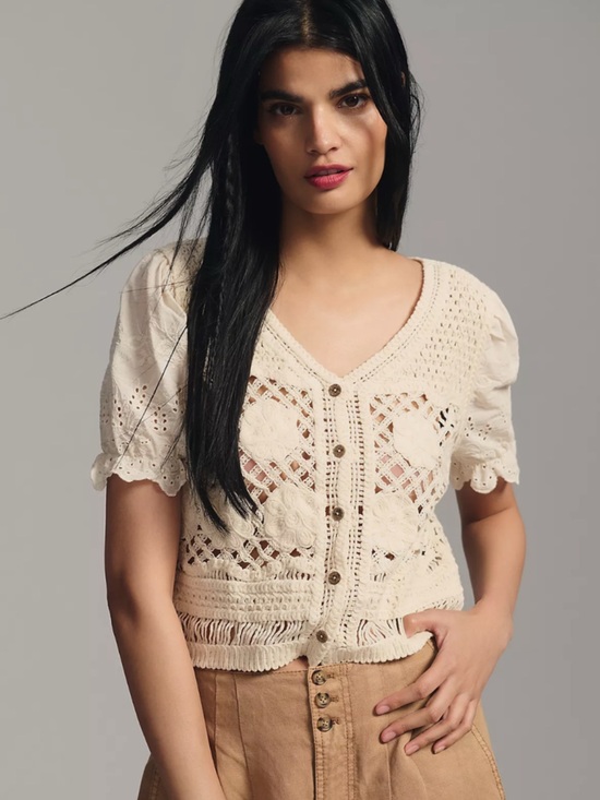 ADORA Tops - Adora Boho Floral Crochet Puff Sleeve Cardigan Top, Ivory/Cream, Size OS